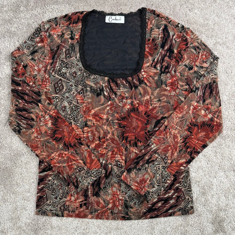 Carducci Mesh Top Size S Floral Tribal Print Lace Trim Square Neck 90s Boho